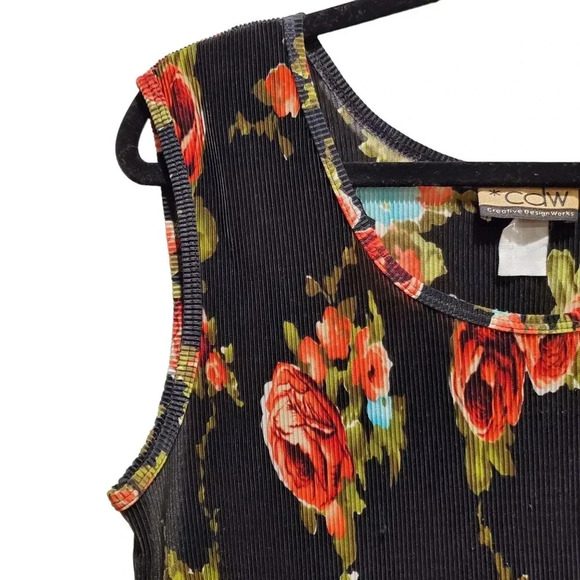 Vintage 90s Y2K CDW Black Red Floral Pleated Sleeveless Shell Blouse Top L - Picture 4 of 13